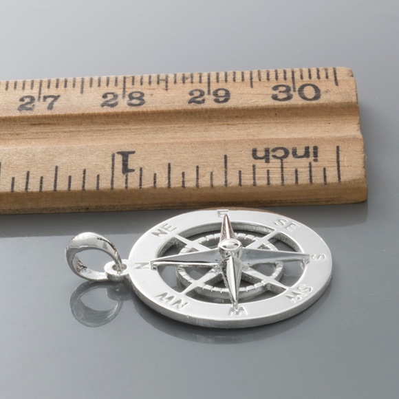 925 Sterling Silver RH Plated Nautical Small Compass Pendant Necklace 20.75mm - Picture 2 of 9